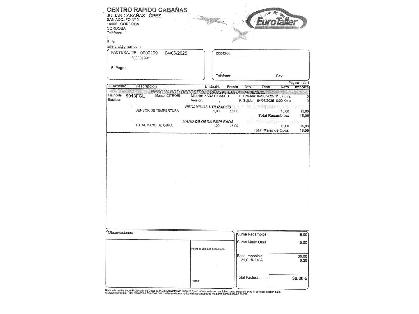 Foto del mantenimiento del Citroën Xsara Picasso Citroën Xsara Picasso 1.6 HDI X (92 CV)