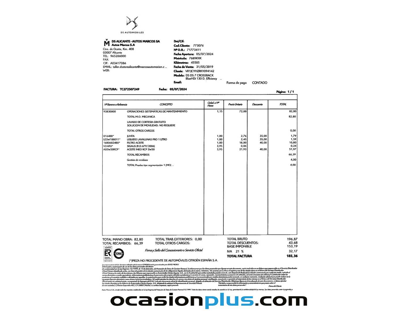 Foto del mantenimiento del DS DS 7 Crossback DS DS7 Crossback BlueHDi 130 Performance Line Auto (130 CV)