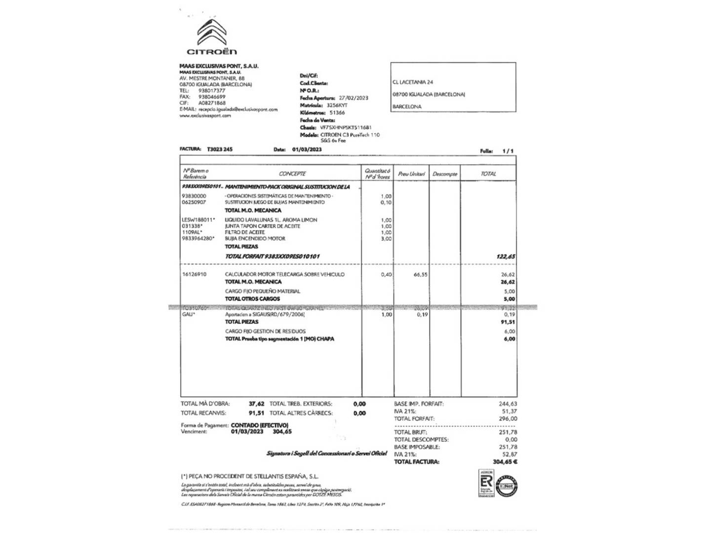 Foto del mantenimiento del Citroën C3 Citroën C3 PureTech 110 S&S Feel (110 CV)