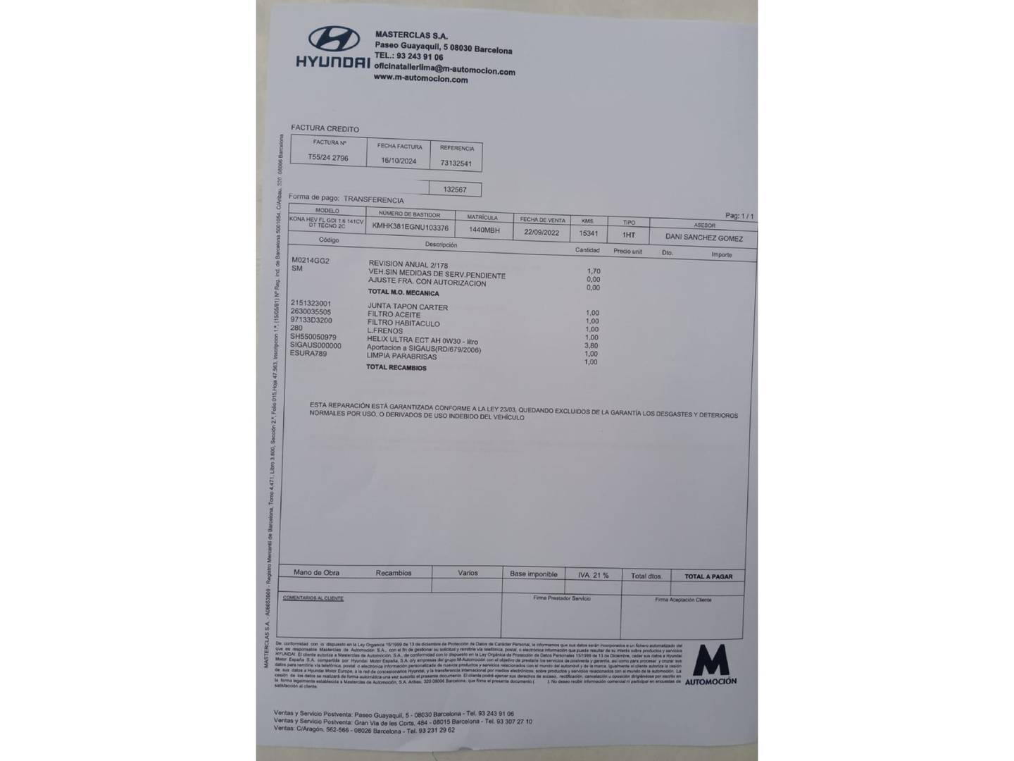 Foto del mantenimiento del Hyundai Kona Hyundai Kona 1.6 GDI HEV Tecno 2C DCT (141 CV)