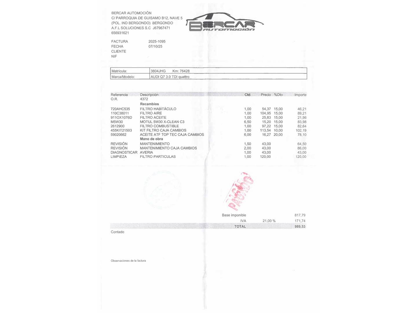 Foto del mantenimiento del Audi Q7 Audi Q7 design 3.0 TDI quattro  (272 CV) tiptronic