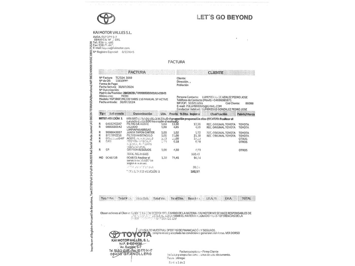 Foto del mantenimiento del Toyota Yaris Toyota Yaris 1.5 Active (111 CV)