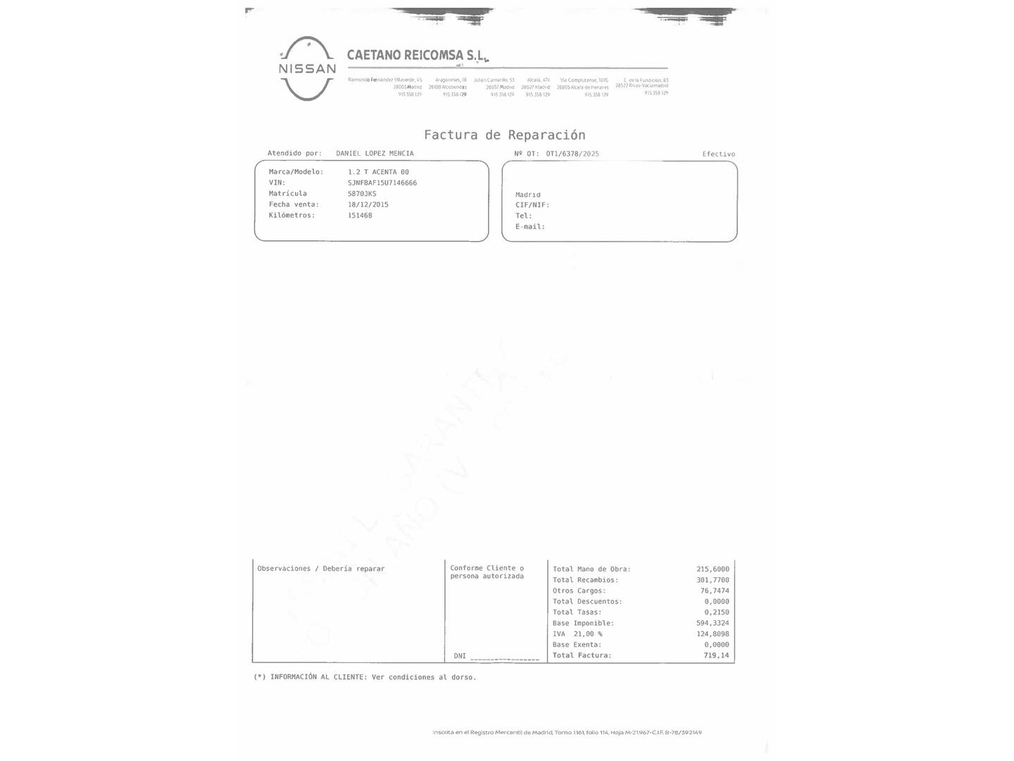 Foto del mantenimiento del Nissan JUKE Nissan Juke 1.6 N-Connecta 4x2 XTronic (117 CV)