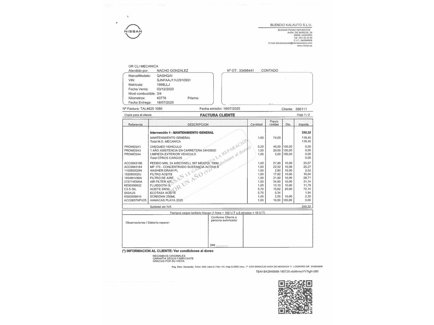 Foto del mantenimiento del Nissan QASHQAI Nissan Qashqai dCi 115 Acenta DCT  (115 CV)