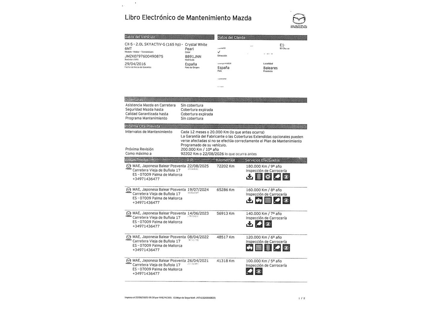 Foto del mantenimiento del Mazda CX-5 Mazda CX-5 2.0 GE Style+ 2WD (165 CV)