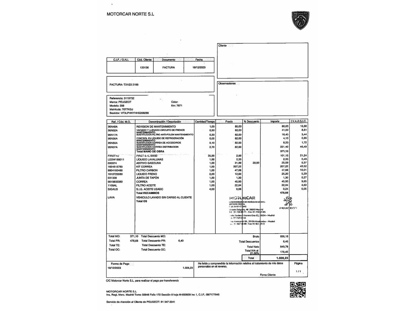 Foto del mantenimiento del Peugeot 308 Peugeot 308 1.2 PureTech S&S Active (130 CV)