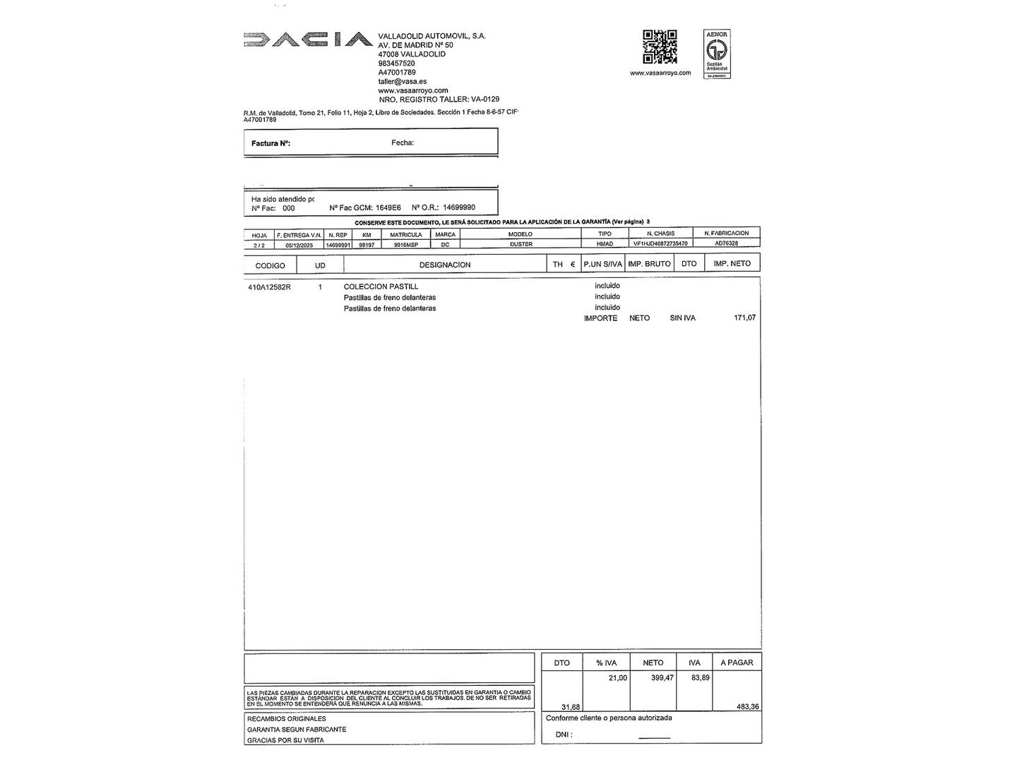 Foto del mantenimiento del Dacia Duster Dacia Duster Expression Blue dCi (115 CV) 4X4