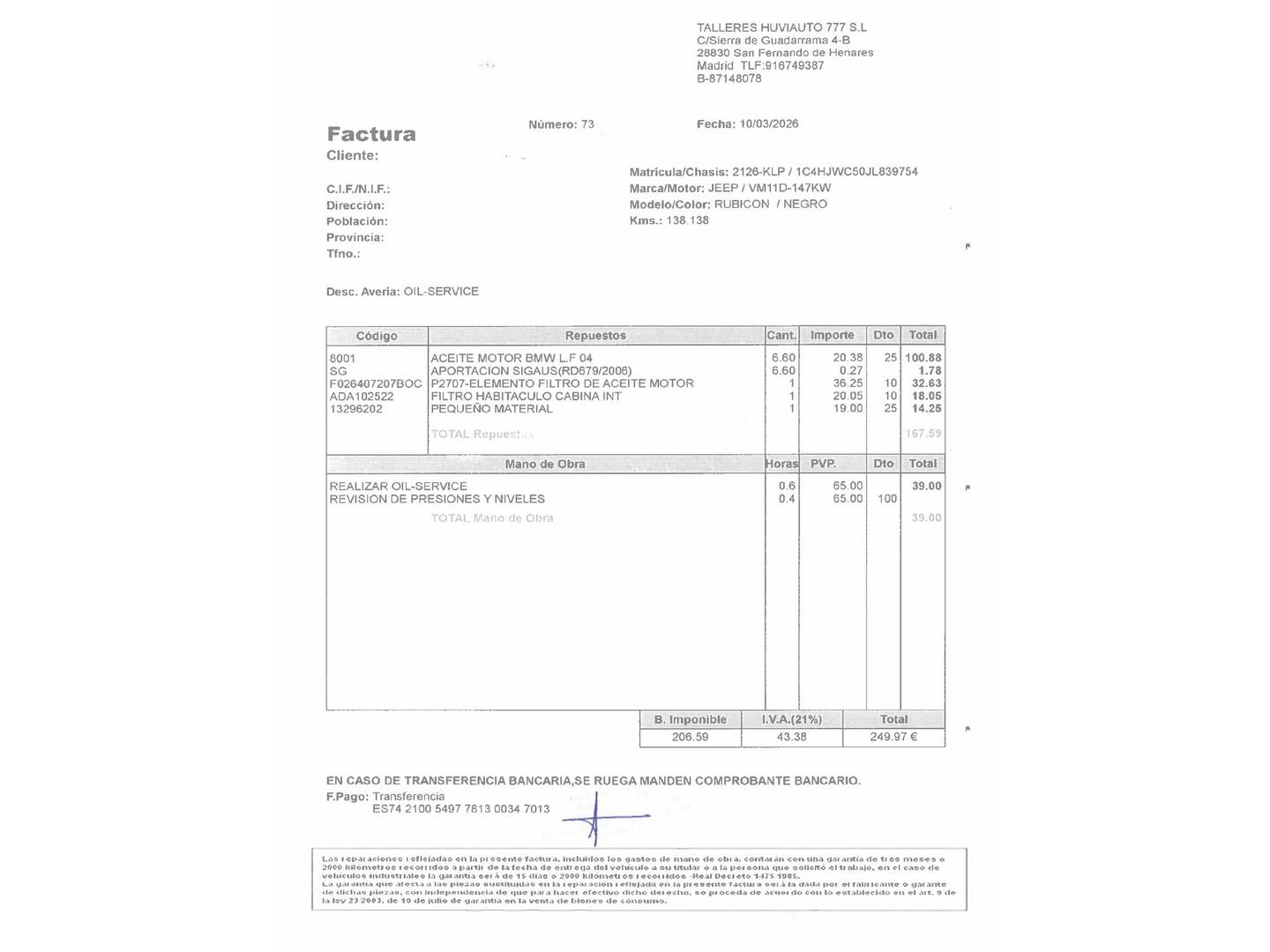 Foto del mantenimiento del Jeep Wrangler Jeep Wrangler 2.8 CRD Rubicon Recon Auto (200 CV)