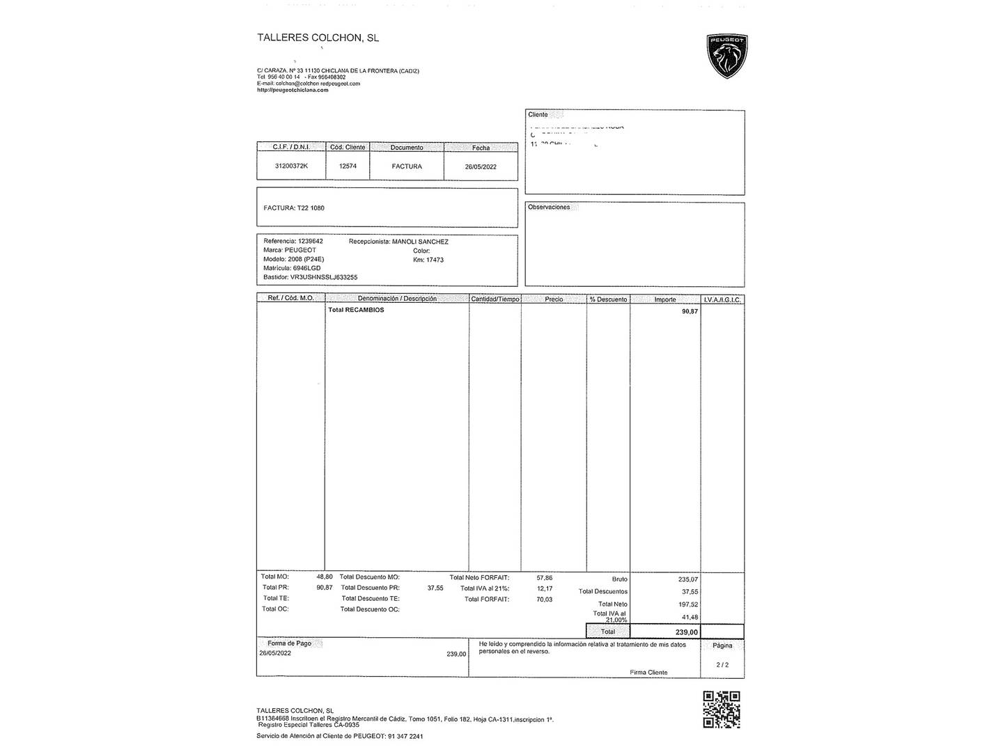 Foto del mantenimiento del Peugeot 2008 Peugeot 2008 PureTech 130 S&S Allure EAT8 (130 CV)