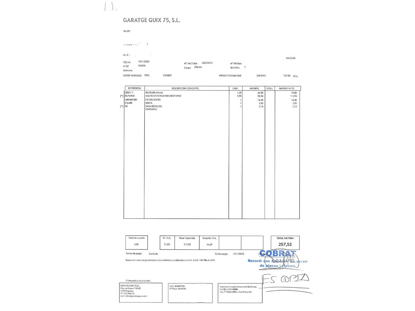 Foto del mantenimiento del Opel Combo Life Opel Combo Life 1.5 TD S&S Selective L (130 CV)