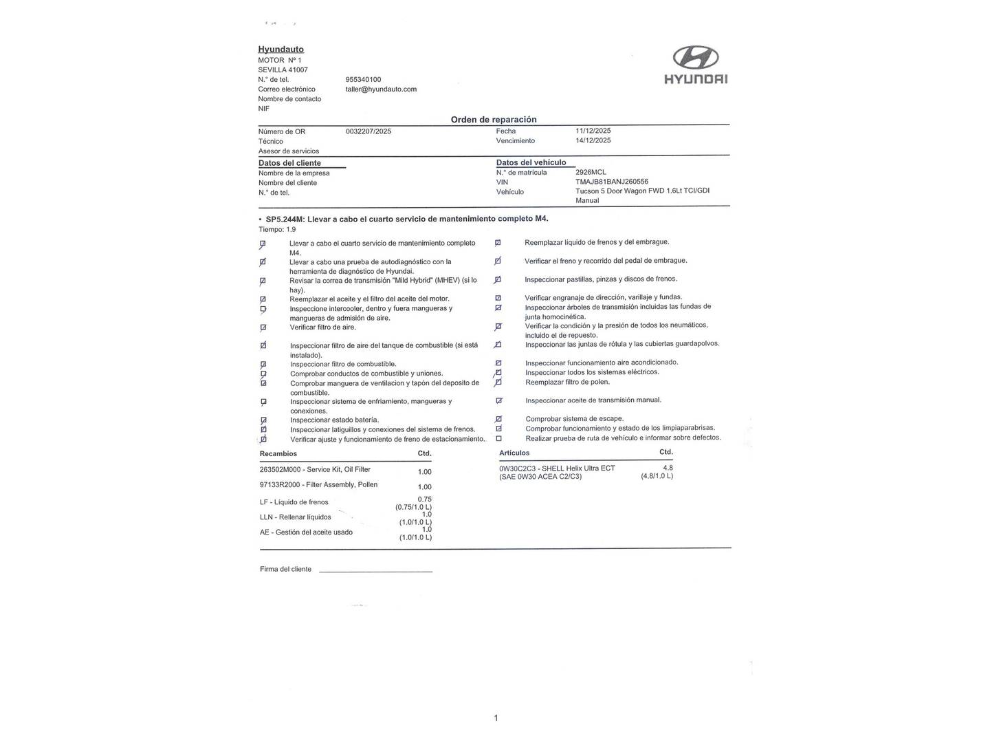 Foto del mantenimiento del Hyundai Tucson Hyundai Tucson 1.6 TGDI Klass 4x2 (150 CV)