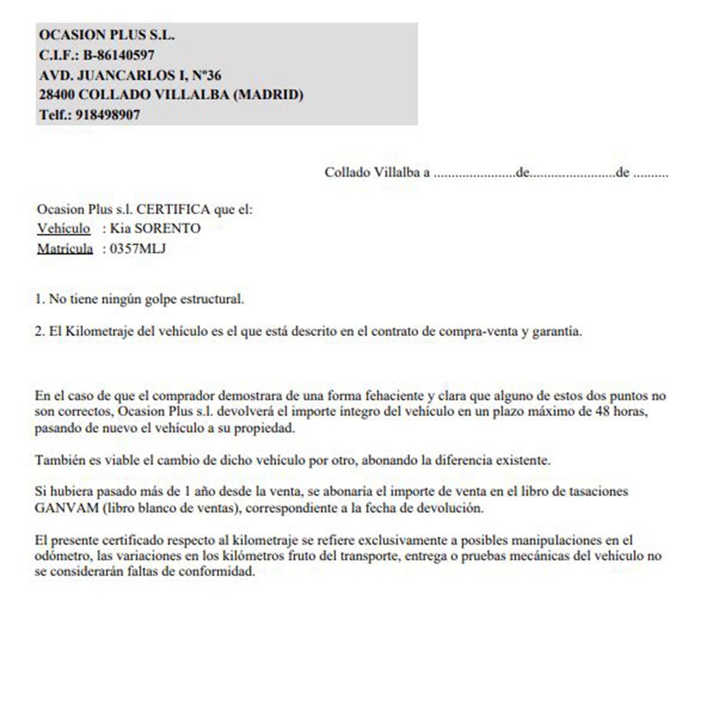 Foto del certificado del KIA Sorento Kia Sorento 1.6 T-GDi HEV Drive 4x2 7 Plazas (230 CV)