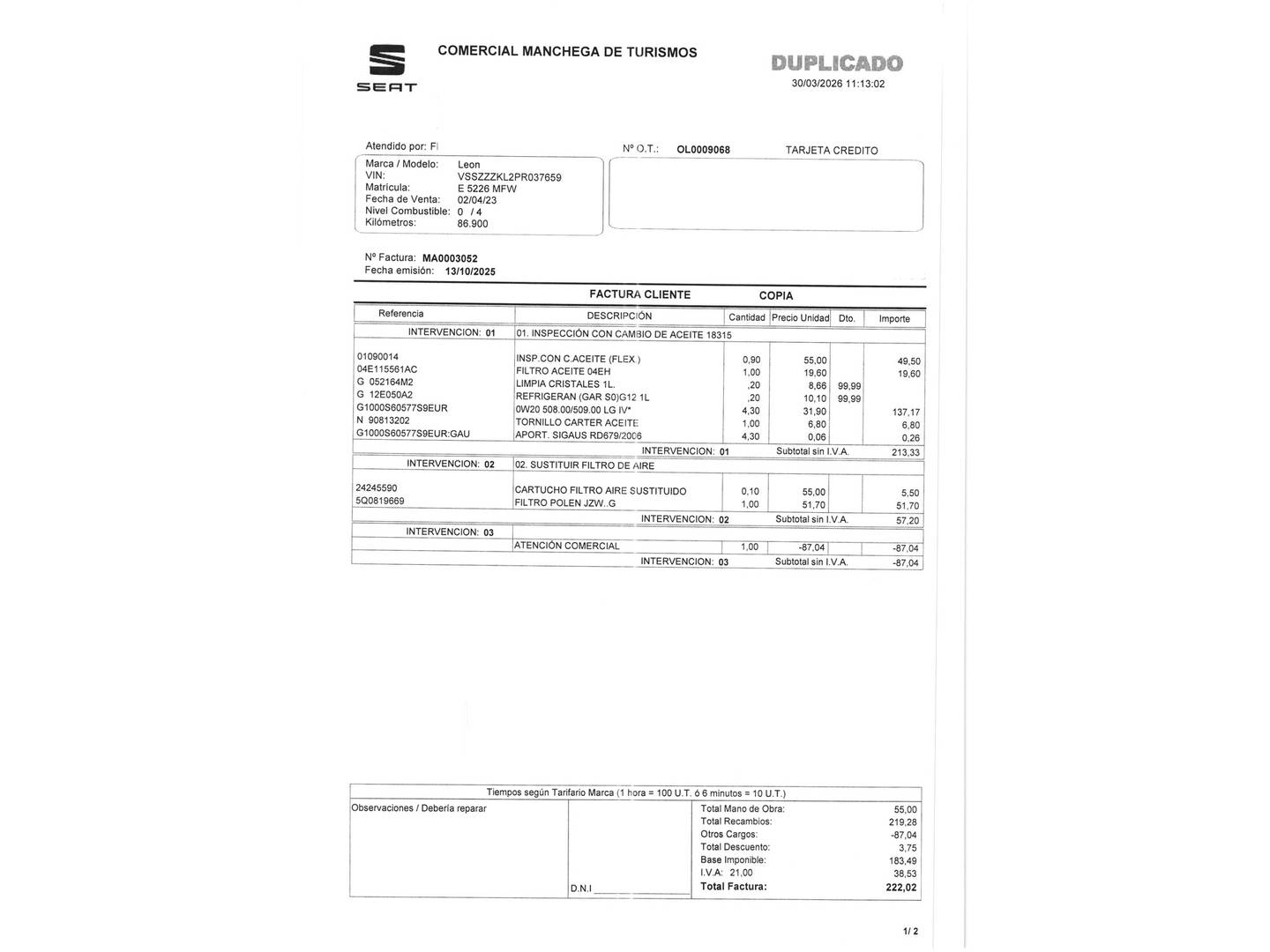 Foto del mantenimiento del Seat León Seat León 1.5 TSI S&S FR XL (130 CV)