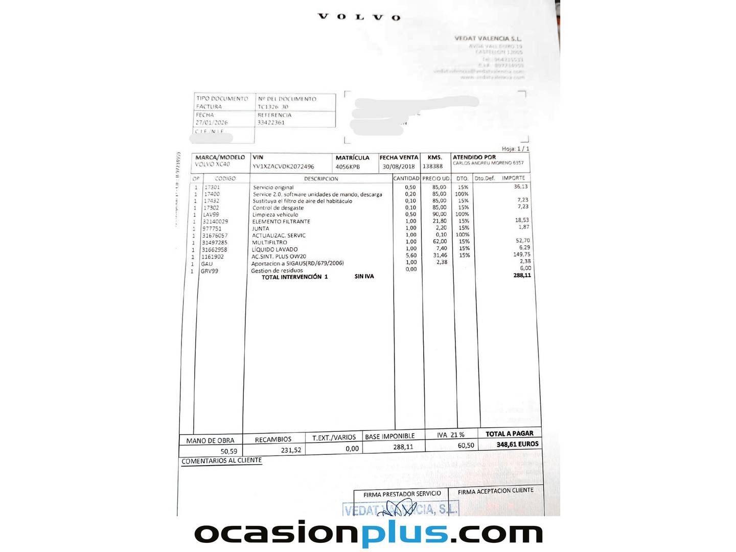 Foto del mantenimiento del Volvo XC40 Volvo XC40 T4 Momentum Auto (190 CV)