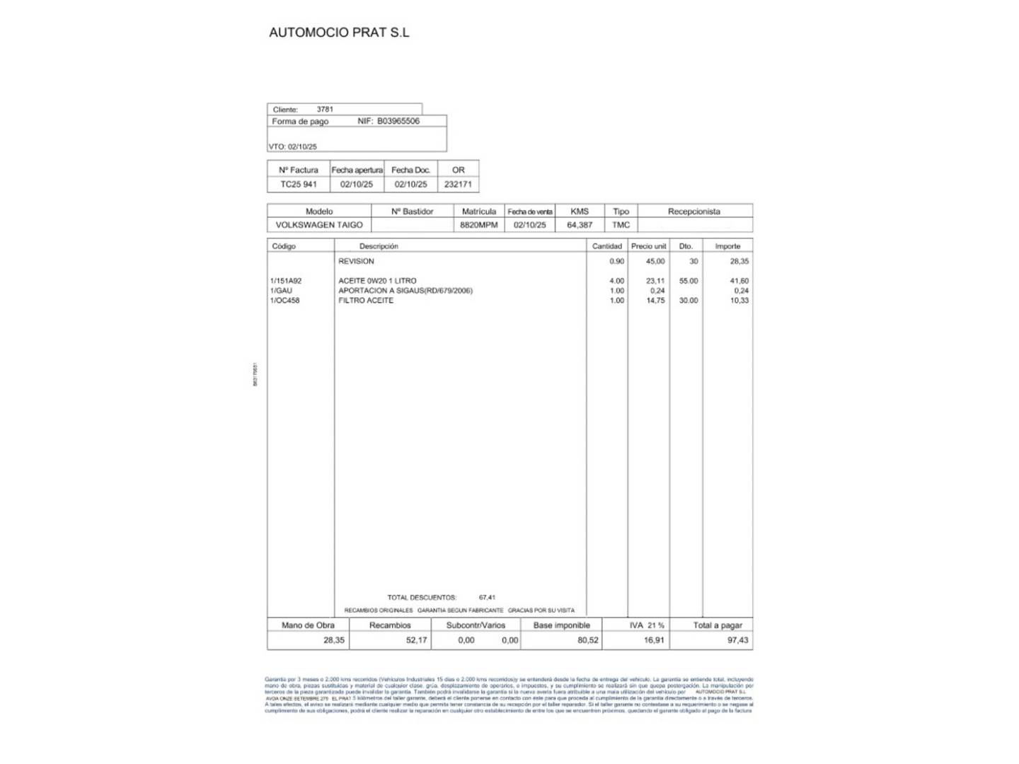 Foto del mantenimiento del Volkswagen Taigo Volkswagen Taigo Life 1.0 TSI (95 CV)