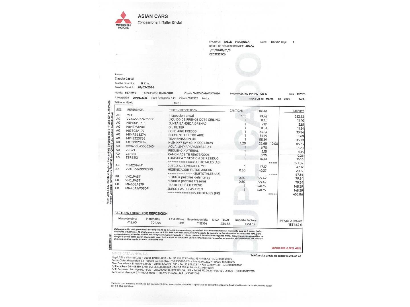 Foto del mantenimiento del Mitsubishi ASX Mitsubishi ASX 160 MPI Motion (117 CV)