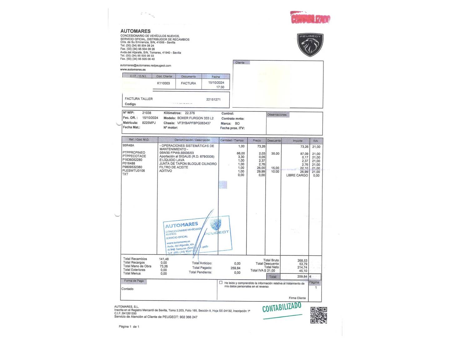 Foto del mantenimiento del Peugeot Boxer Peugeot Boxer Furgon BlueHDi 120 333 L2H2 (120 CV)
