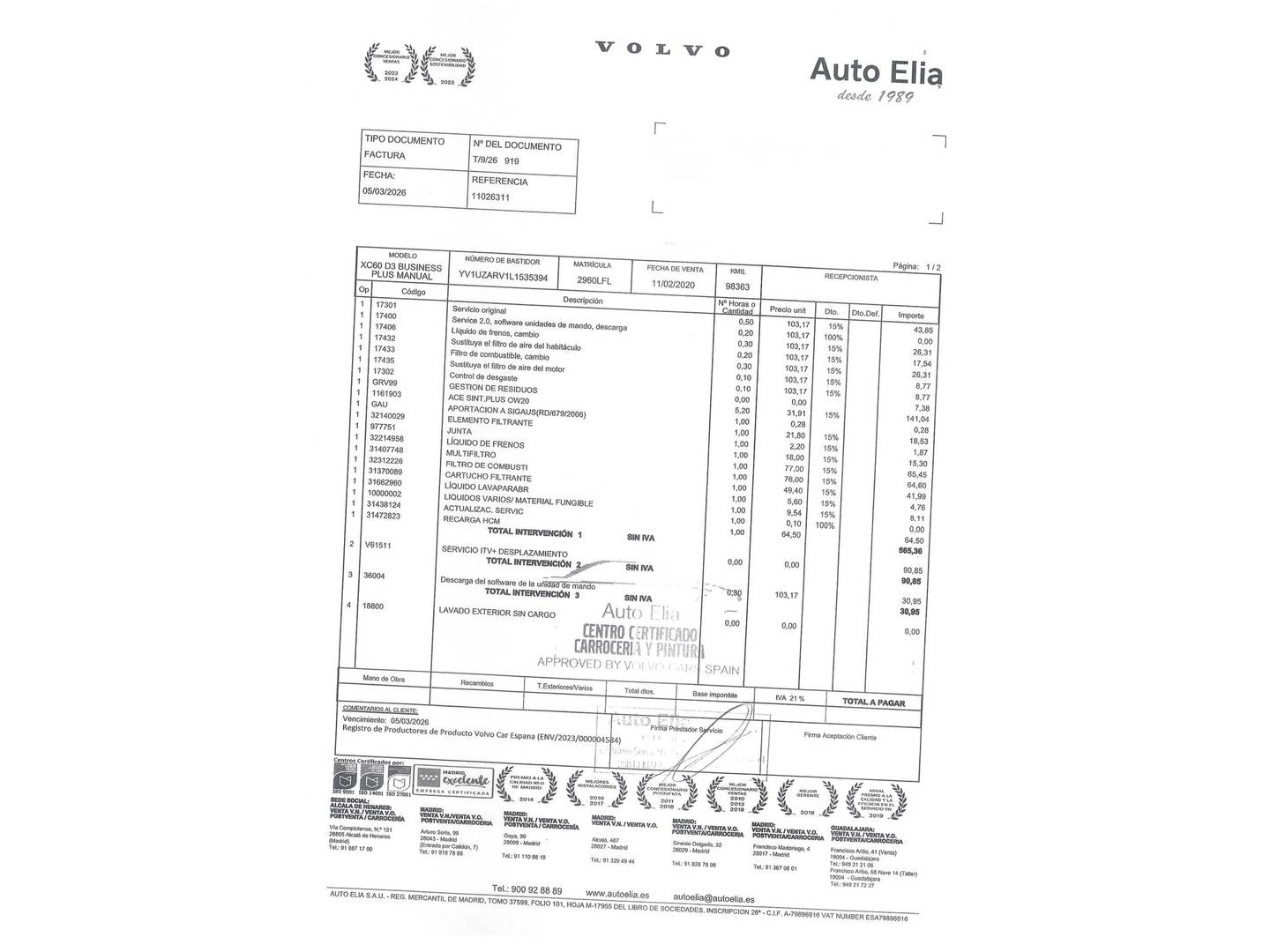 Foto del mantenimiento del Volvo XC60 Volvo XC60 D3 Business Plus (150 CV)