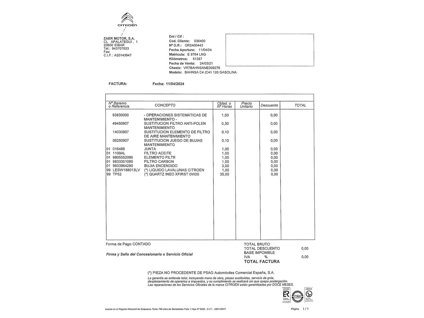 Foto del mantenimiento del Citroën C4 Citroën C4 PureTech 130 S&S 6v Feel Pack (130 CV)