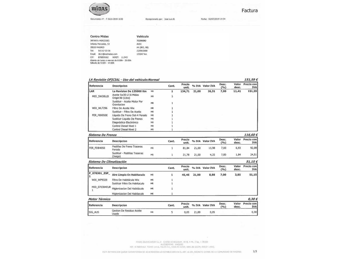 Foto del mantenimiento del Audi A4 Audi A4 2.0 TDI DPF (143 CV)