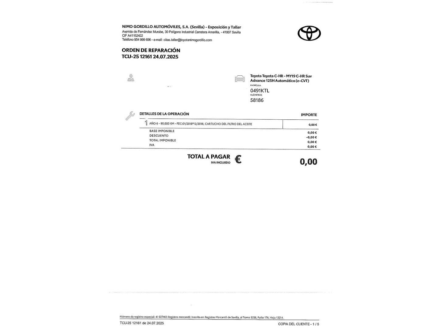 Foto del mantenimiento del Toyota C-HR Toyota C-HR 1.8 125H Advance (122 CV)