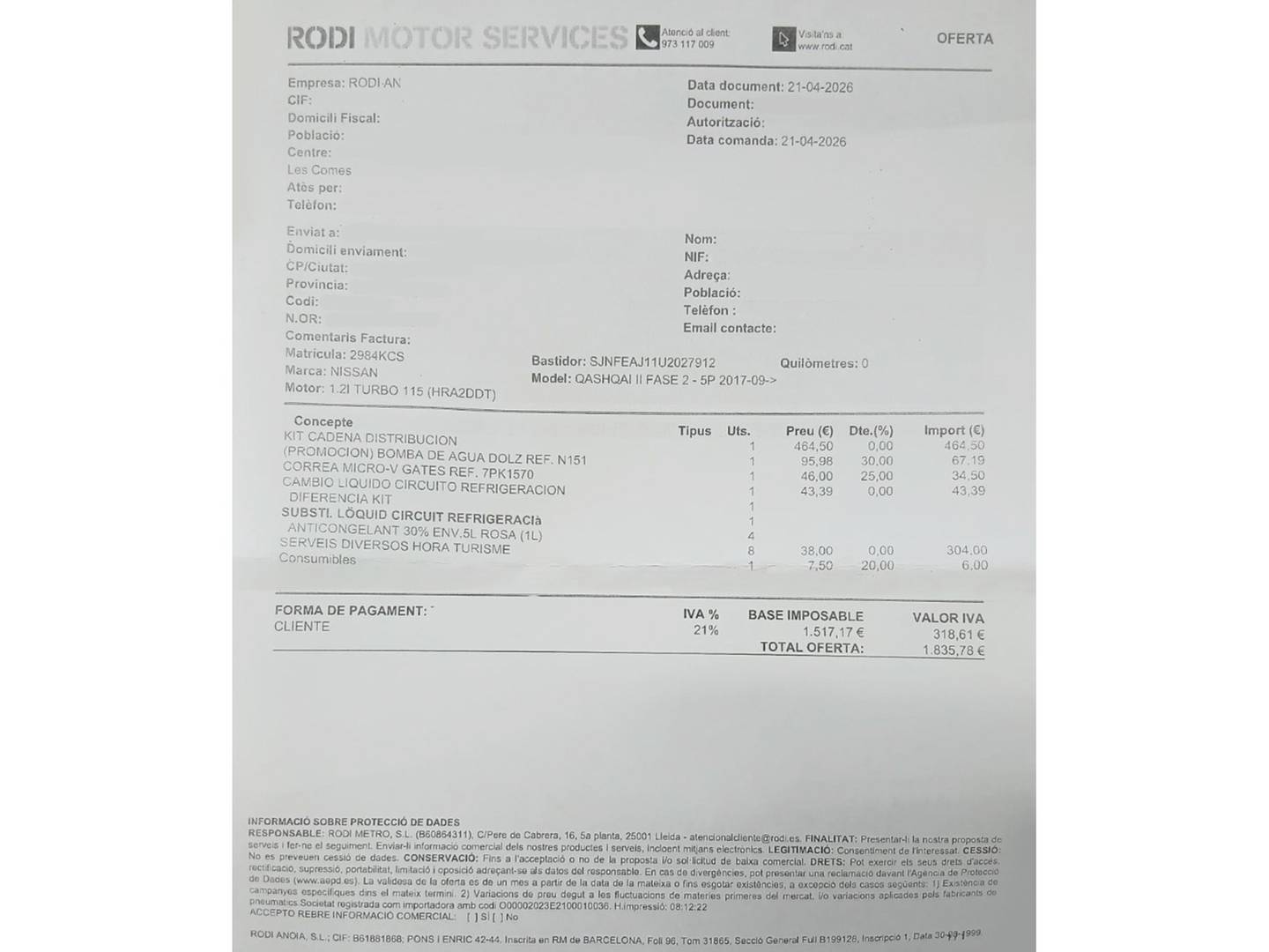 Foto del mantenimiento del Nissan QASHQAI Nissan Qashqai DIG-T 115 Tekna 4x2 (115 CV)