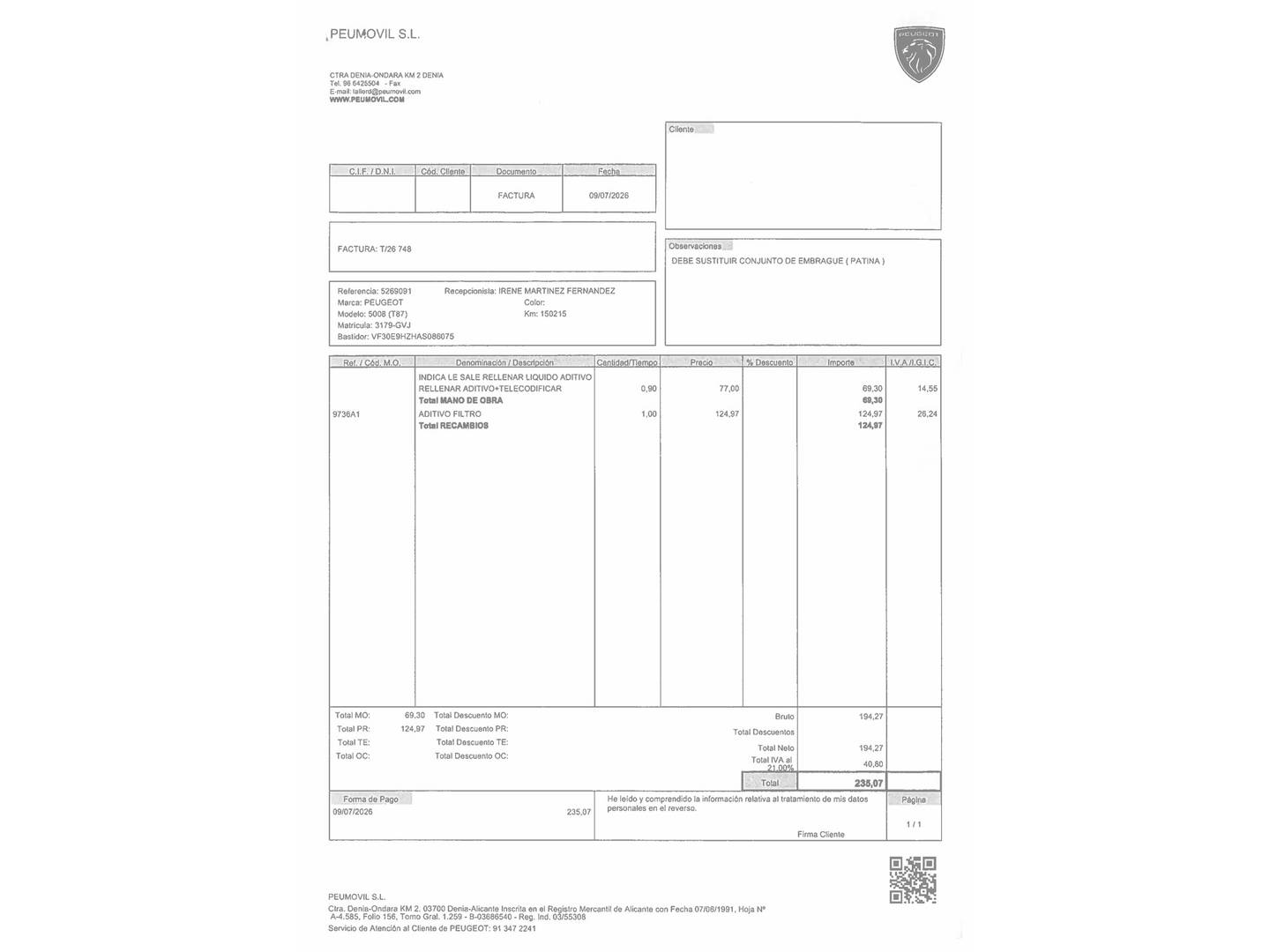Foto del mantenimiento del Peugeot 5008 Peugeot 5008 1.6 HDI FAP Premium (110 CV) 7 Plazas