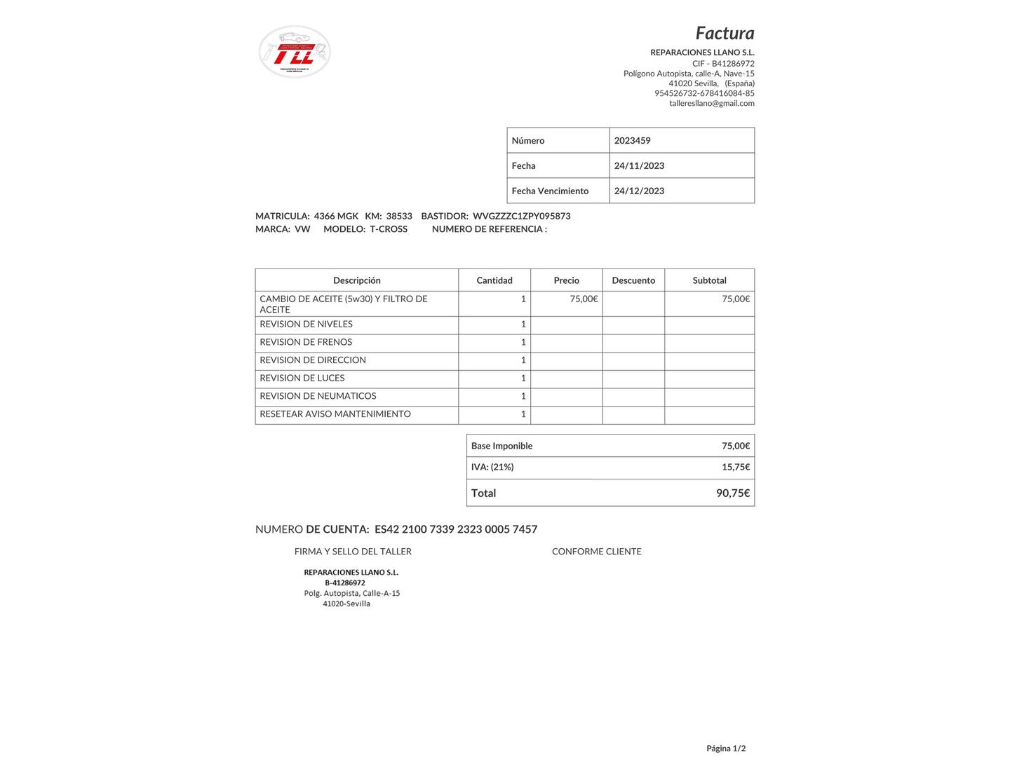 Foto del mantenimiento del Volkswagen T-Cross Volkswagen T-Cross Advance 1.0 TSI (110 CV)