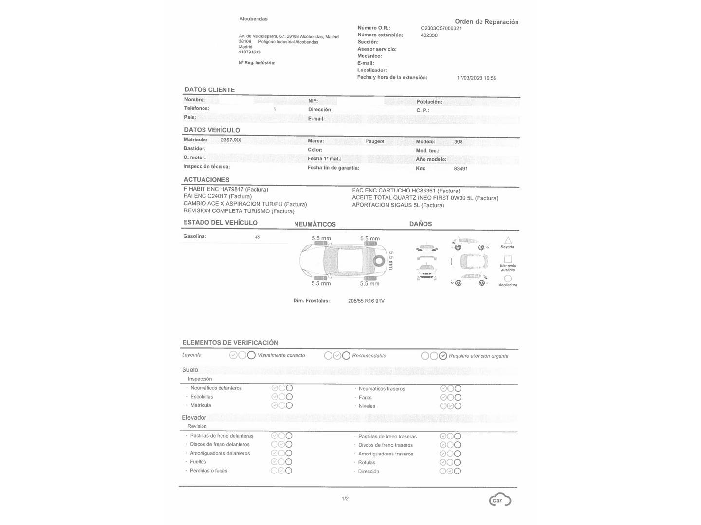 Foto del mantenimiento del Peugeot 308 Peugeot 308 SW SW BlueHDI 120 Style (120 CV)