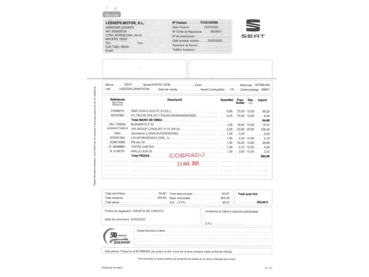 Foto del mantenimiento del Seat León Seat León ST ST 2.0 TDI S&S FR Go XL DSG (150 CV)