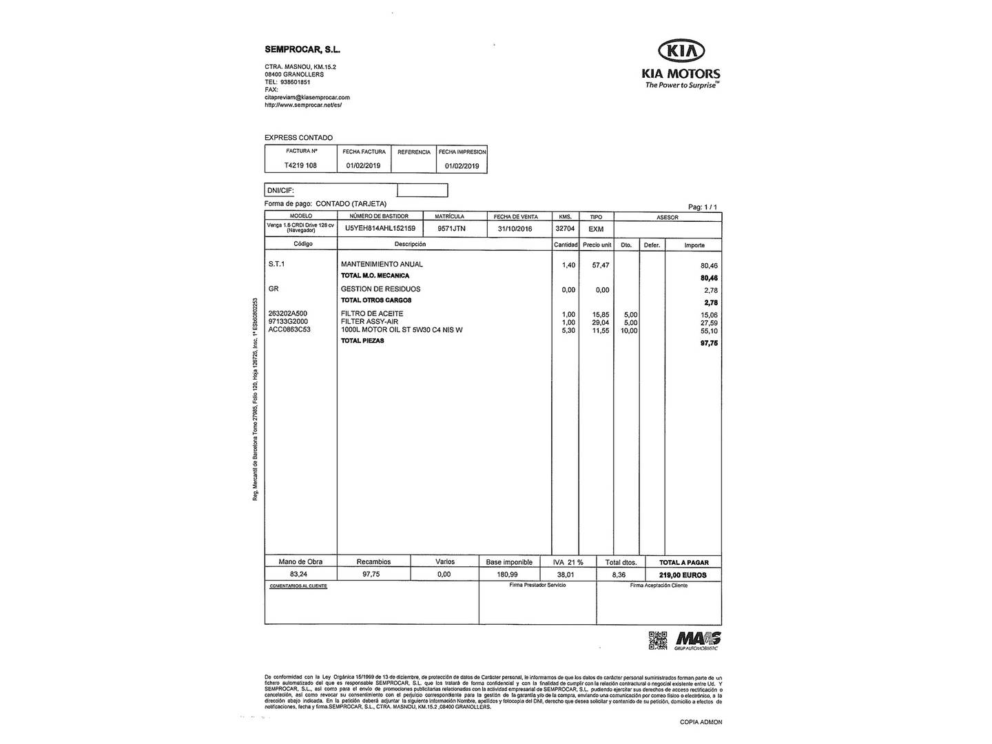 Foto del mantenimiento del KIA Venga KIA Venga 1.6 CRDi VGT Drive (128 CV)