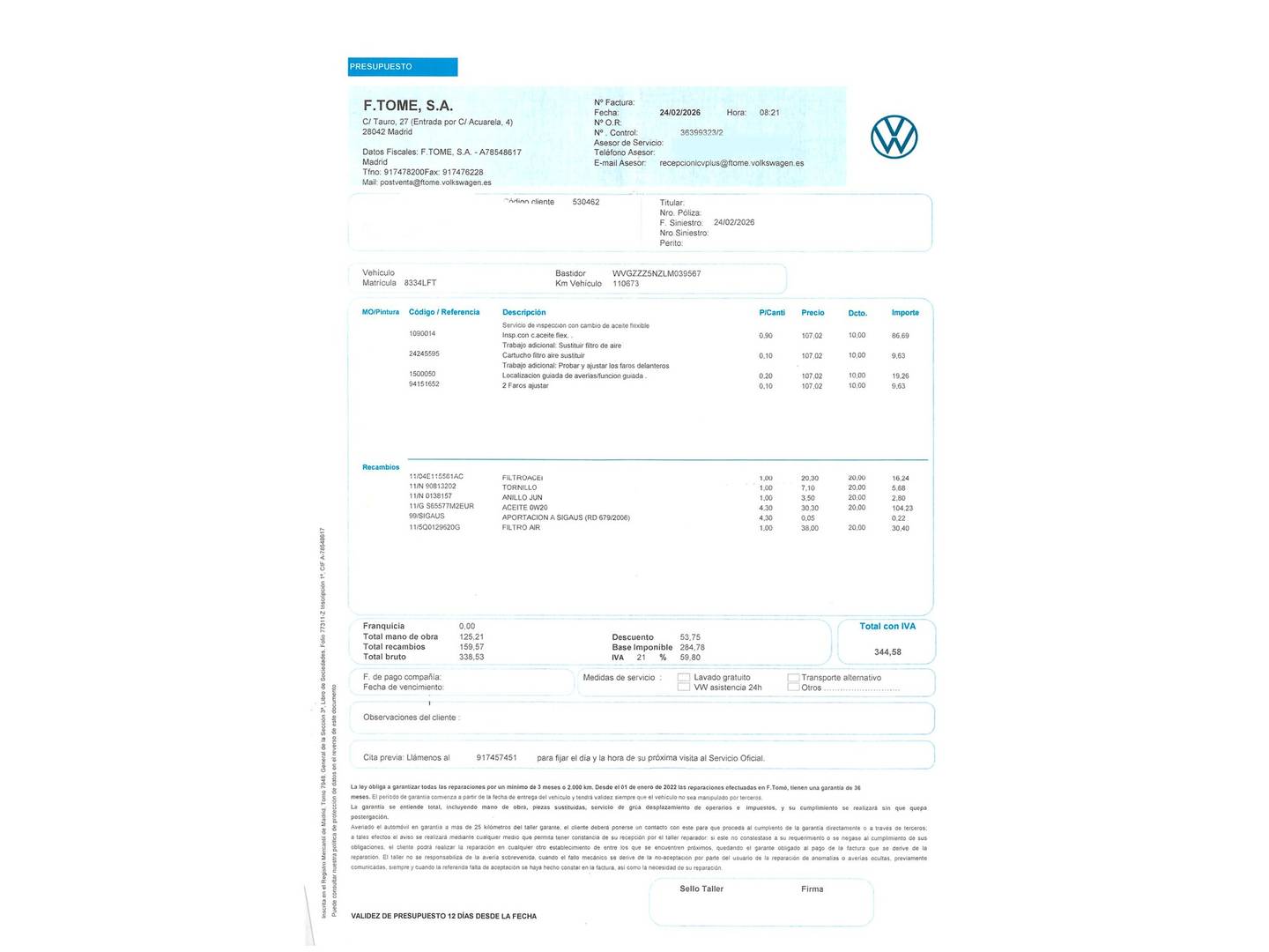 Foto del mantenimiento del Volkswagen Tiguan Allspace Volkswagen Tiguan Allspace Advance 1.5 TSI (150 CV) 7 Plazas
