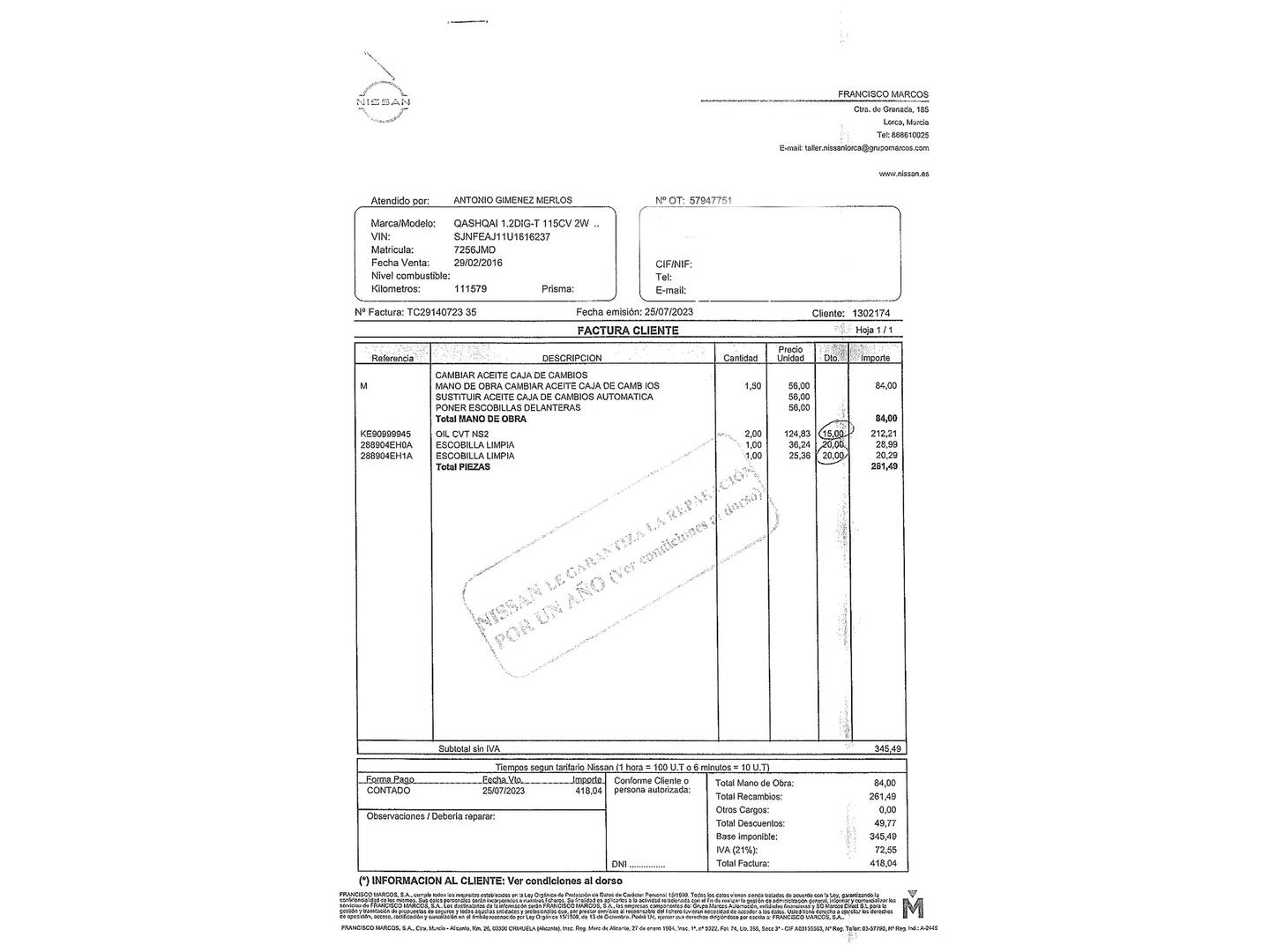 Foto del mantenimiento del Nissan QASHQAI Nissan Qashqai DIG-T 115 Acenta 4x2 XTronic (115 CV)
