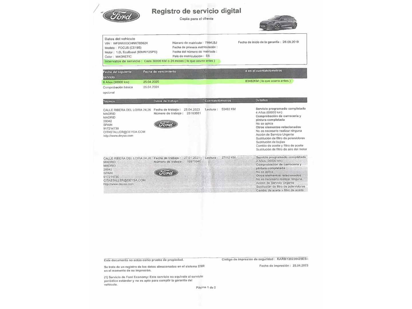 Foto del mantenimiento del Ford Focus Ford Focus 1.0 Ecoboost Active (125 CV)