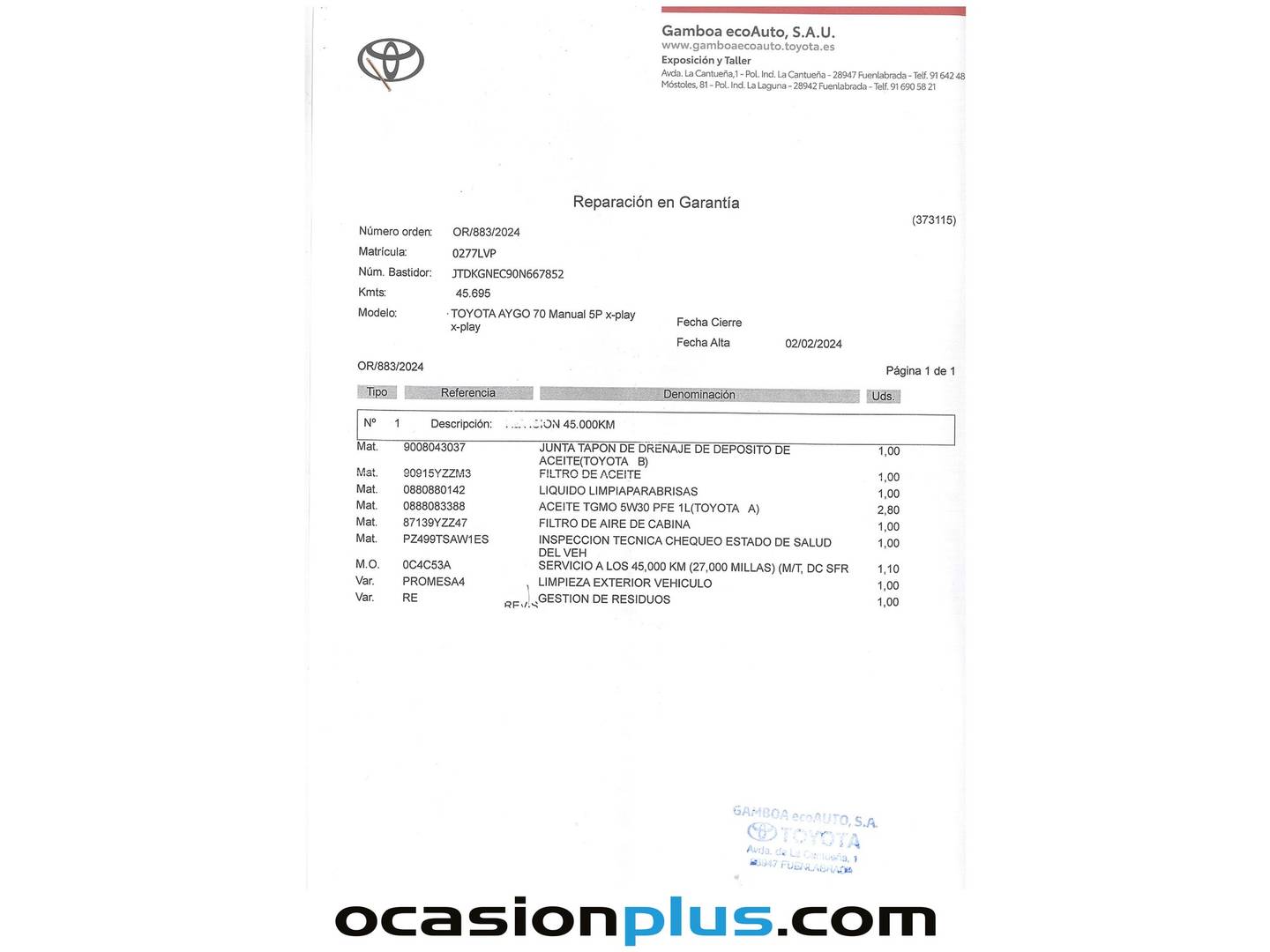 Foto del mantenimiento del Toyota Aygo Toyota Aygo 1.0 70 x-play (72 CV)