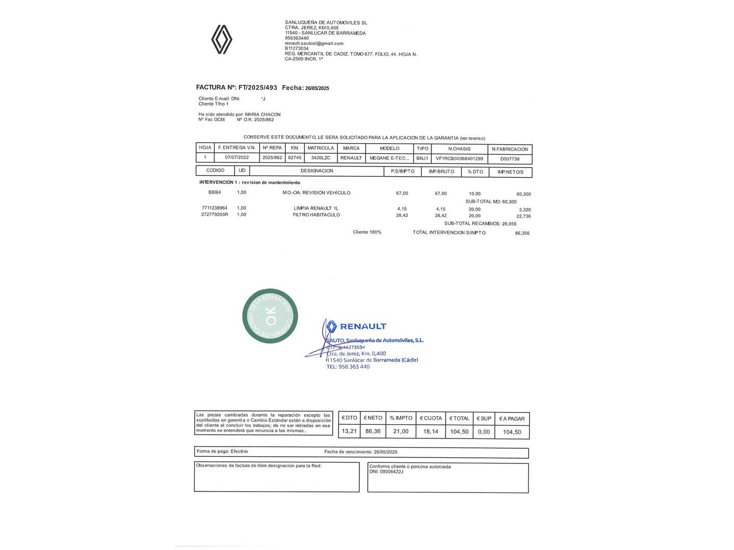 Foto del mantenimiento del Renault Megane E-Tech Renault Megane E-Tech E-Tech Techno EV40 (130 CV) Standard Charge