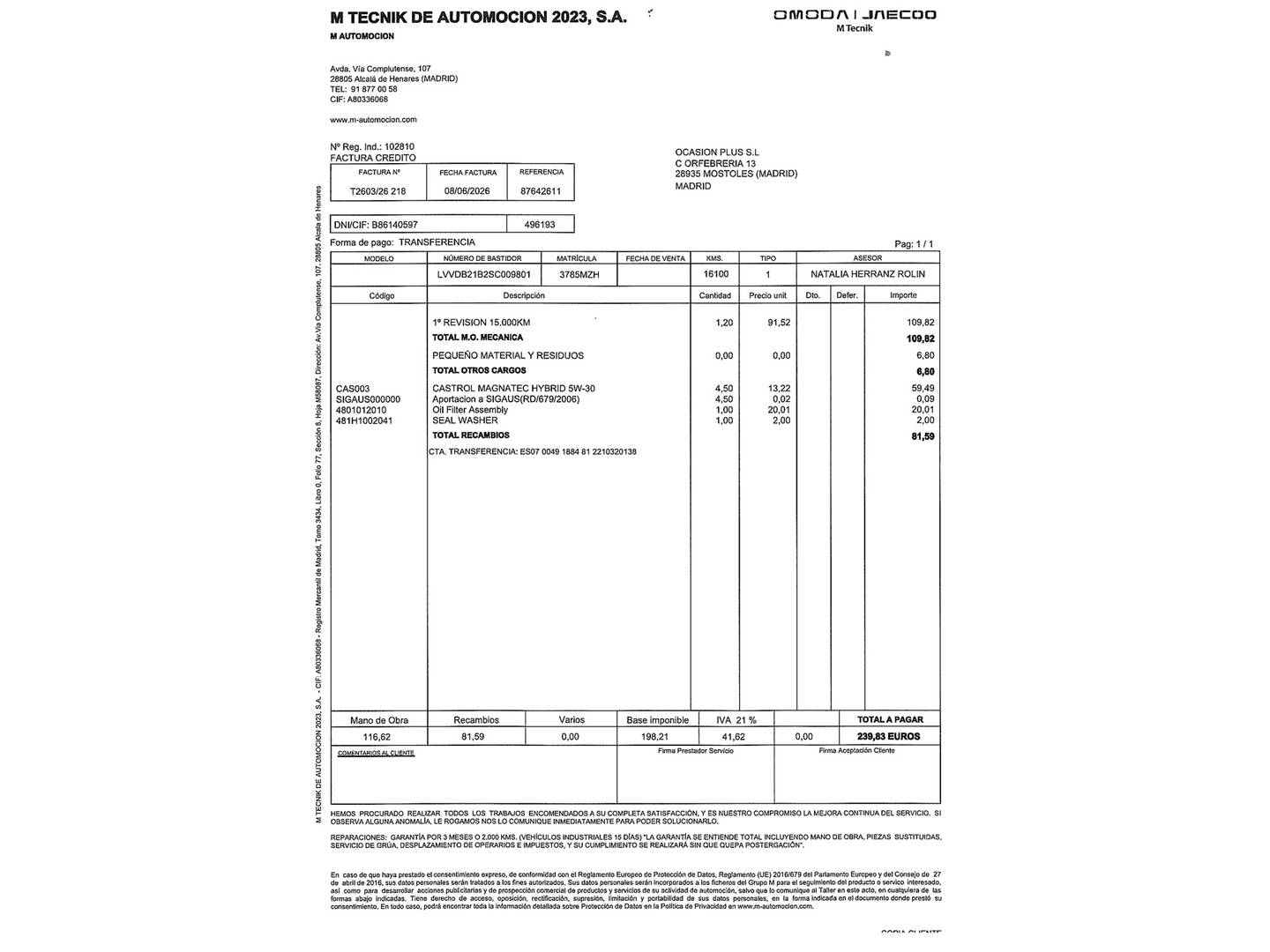 Foto del mantenimiento del JAECOO 7 JAECOO 7 1.6 TGDI Select FWD (145 CV)