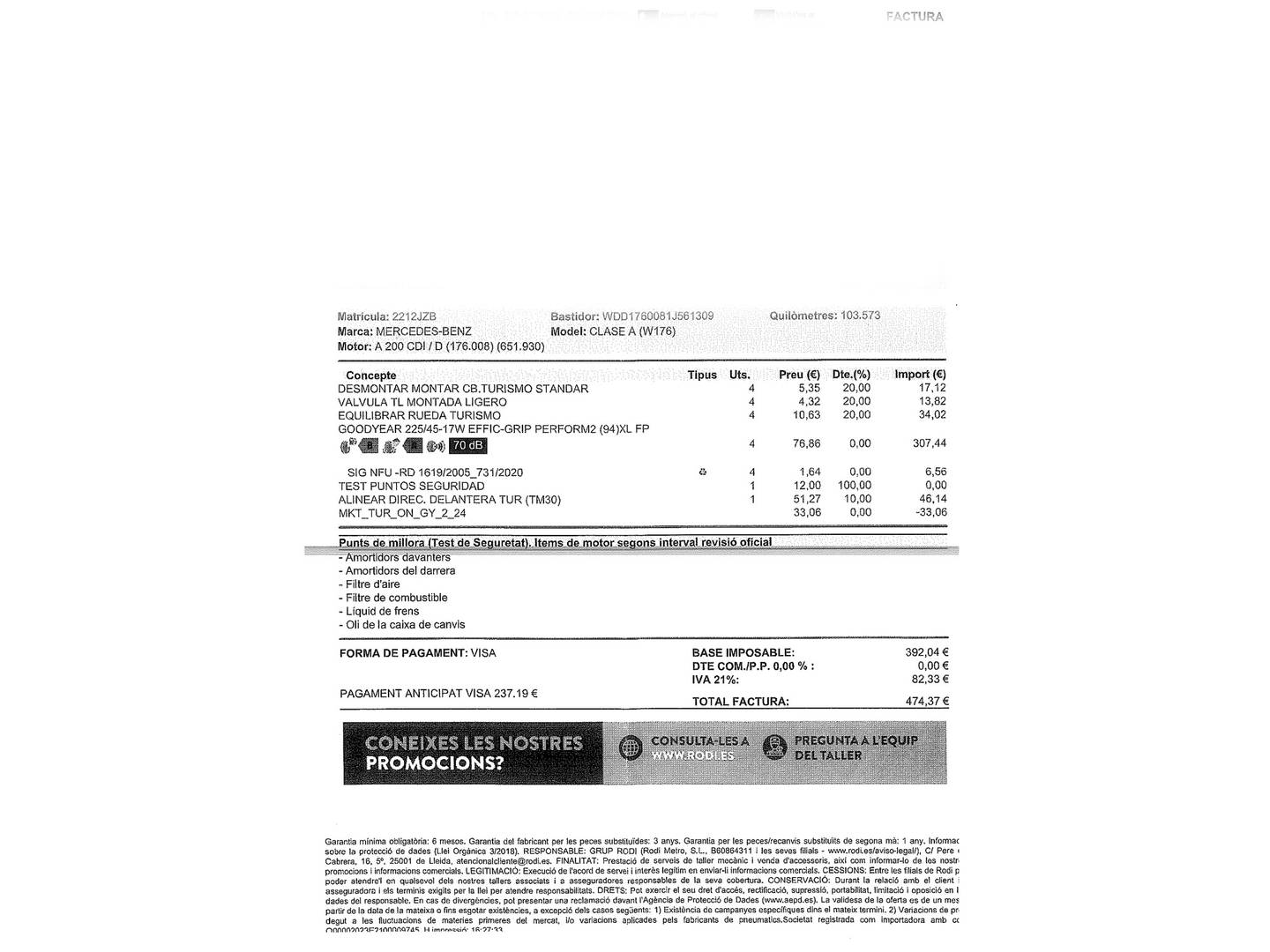 Foto del mantenimiento del Mercedes Clase A Mercedes-Benz Clase A 200 d (136 CV)