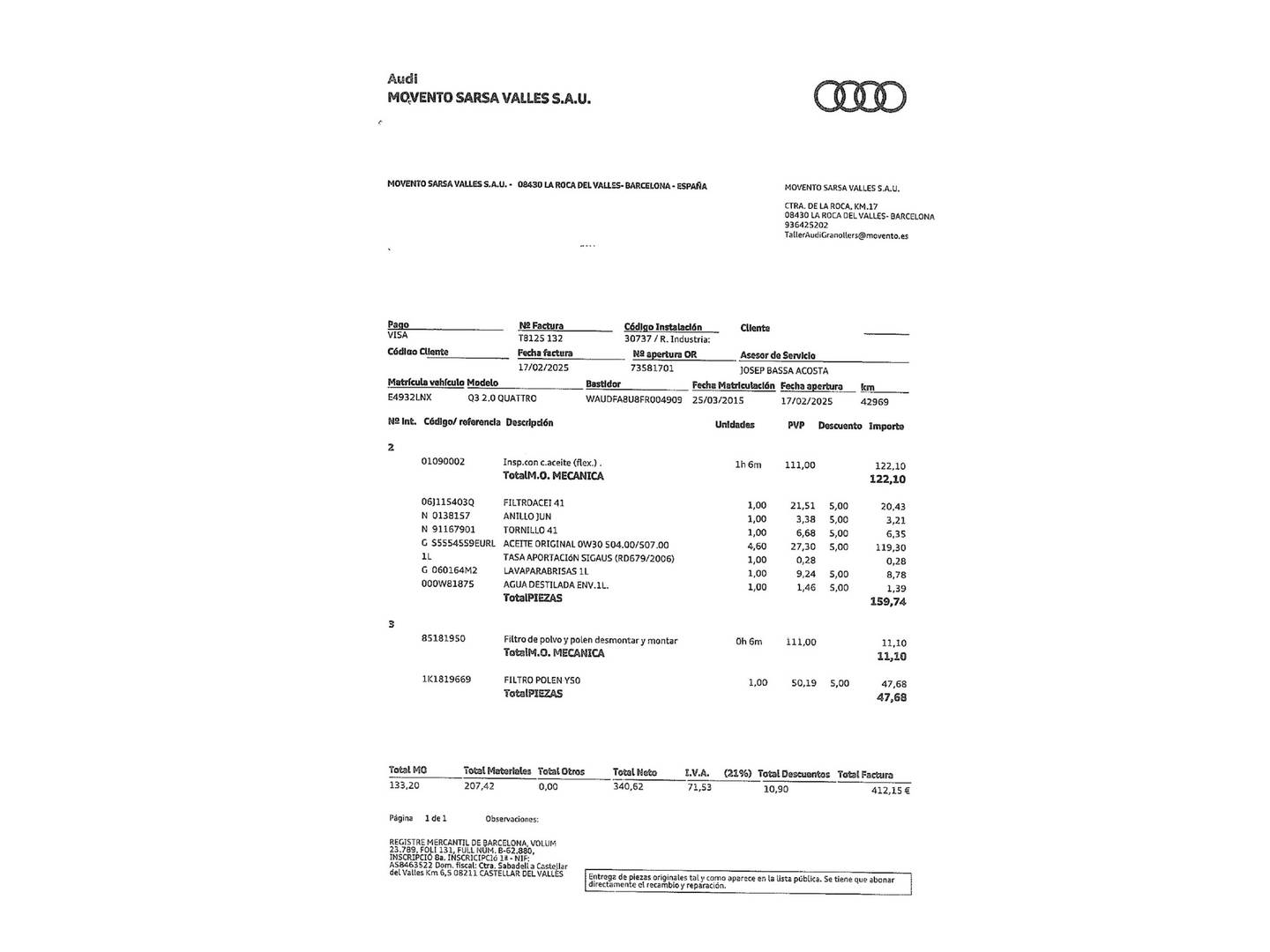 Foto del mantenimiento del Audi Q3 Audi Q3 Attraction 2.0 TFSI quattro (170 CV) S tronic 4x4