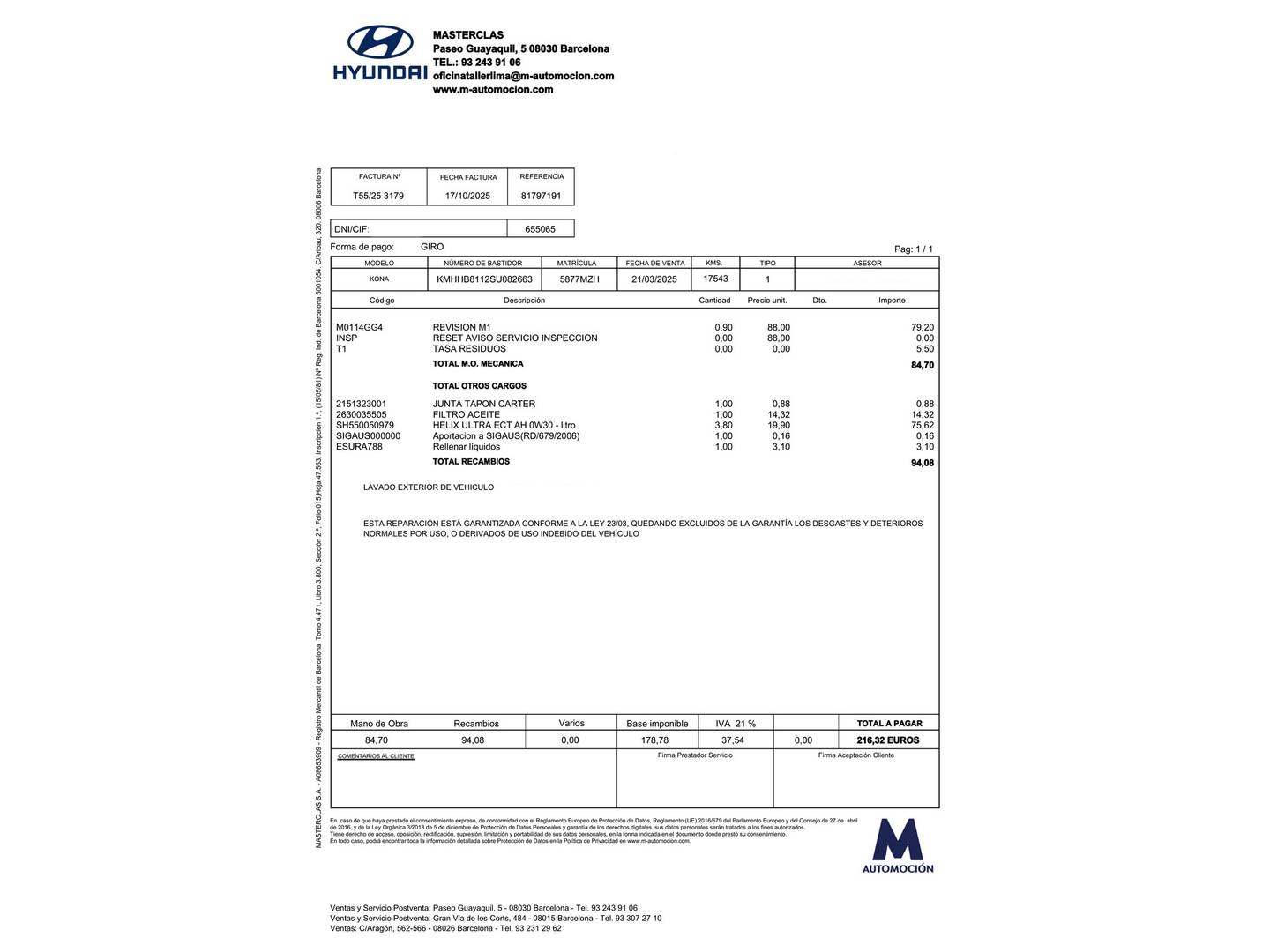 Foto del mantenimiento del Hyundai Kona Hyundai Kona 1.6 GDI HEV Maxx DT (129 CV)