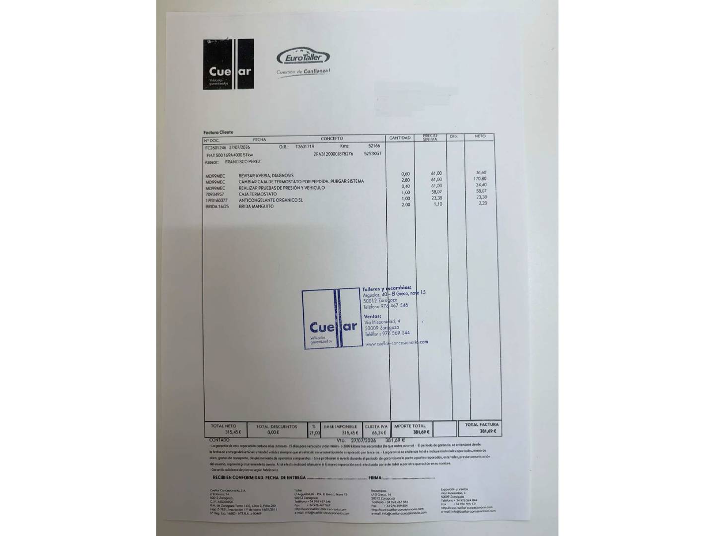 Foto del mantenimiento del Fiat 500 Fiat 500 1.2 8v Lounge (69 CV)