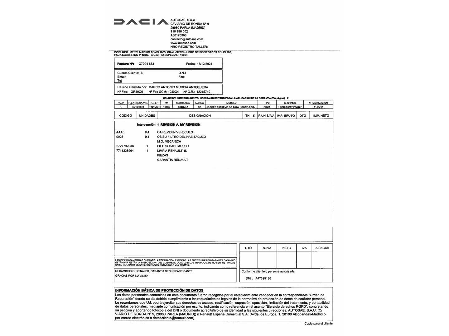 Foto del mantenimiento del Dacia Jogger Dacia Jogger Extreme Go ECO-G (100 CV)7 Plazas