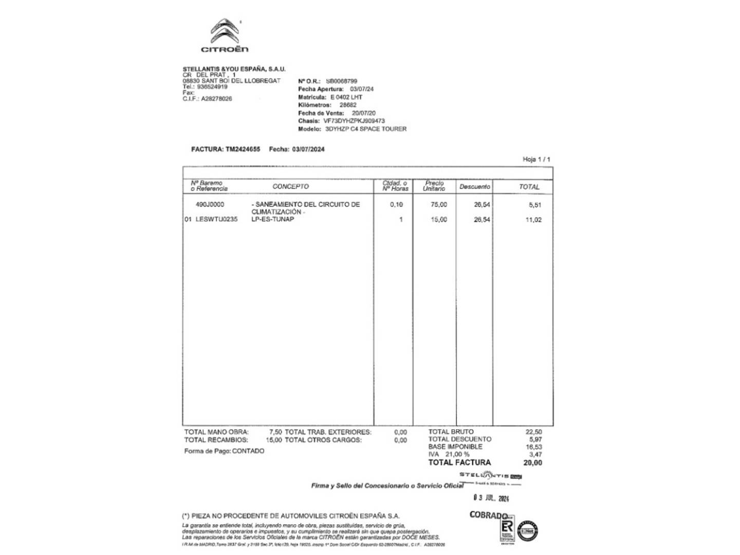 Foto del mantenimiento del Citroën C4 Spacetourer Citroen C4 Spacetourer BlueHDi 130 Origins (130 CV)