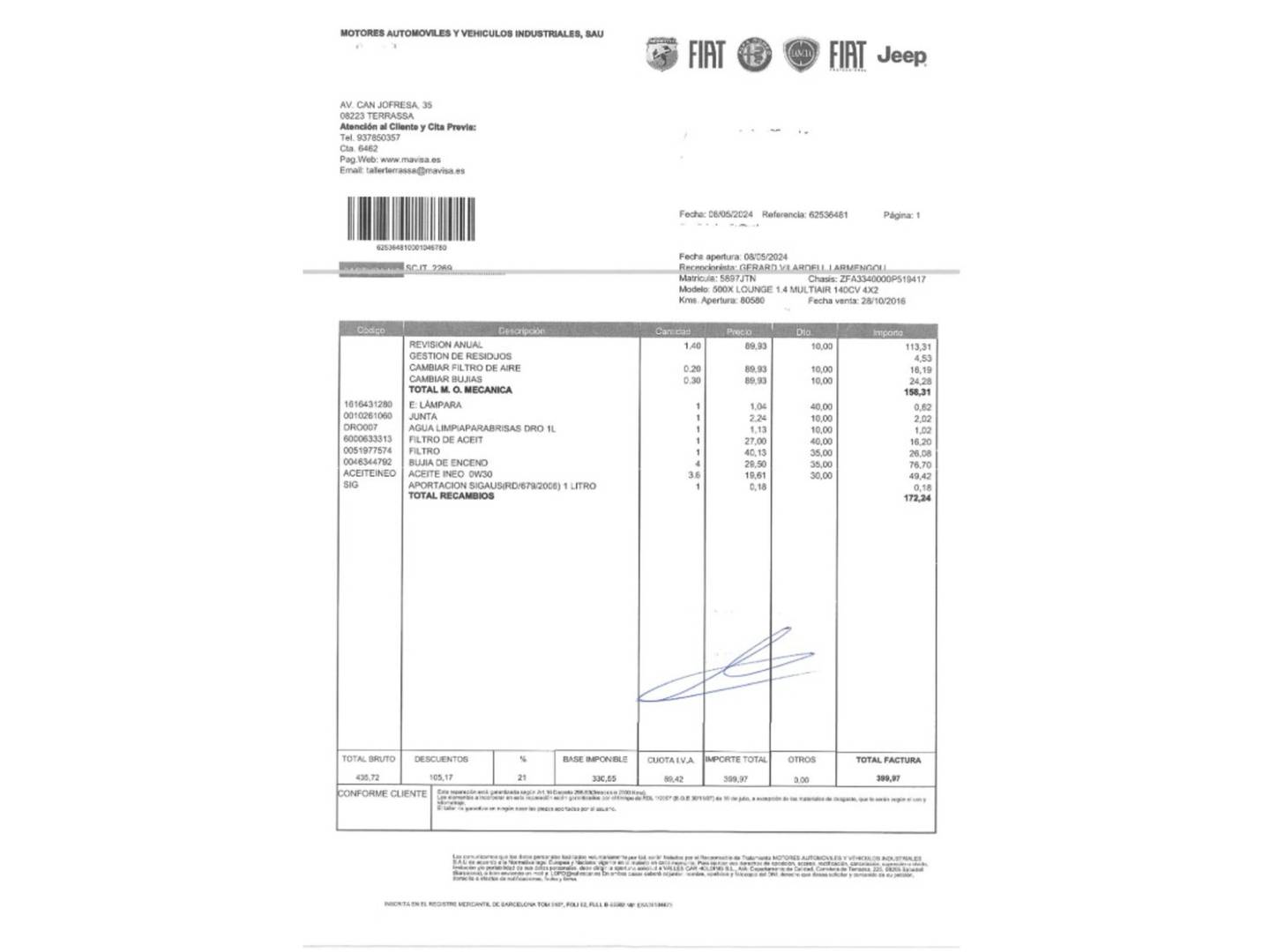 Foto del mantenimiento del Fiat 500X Fiat 500X 1.4 MultiAir Lounge 4x2 (140 CV)