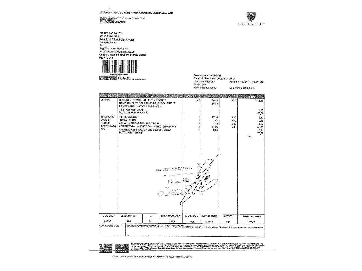 Foto del mantenimiento del Peugeot 208 Peugeot 208 BlueHDi 100 GT (100 CV)