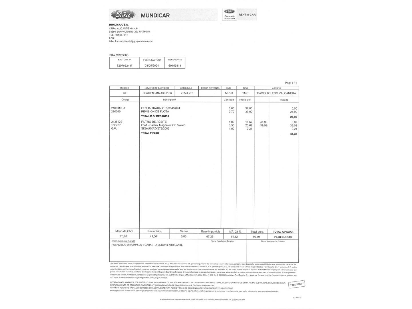 Foto del mantenimiento del Fiat 500 Fiat 500 Red 1.0 Hybrid (70 CV)