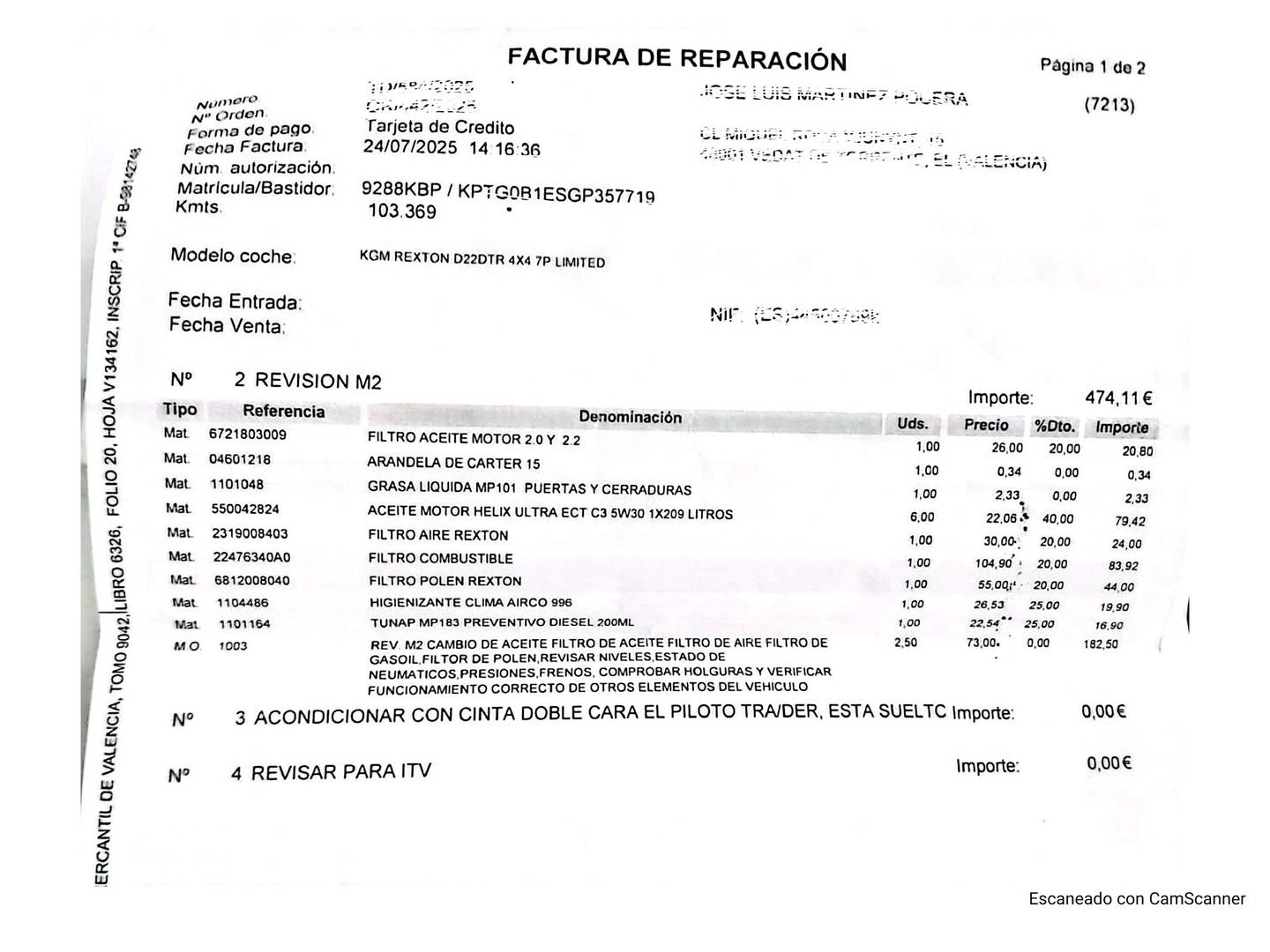 Foto del mantenimiento del SsangYong Rexton SsangYong Rexton D22T Premium 4x2 (178 CV) 7 PLAZAS