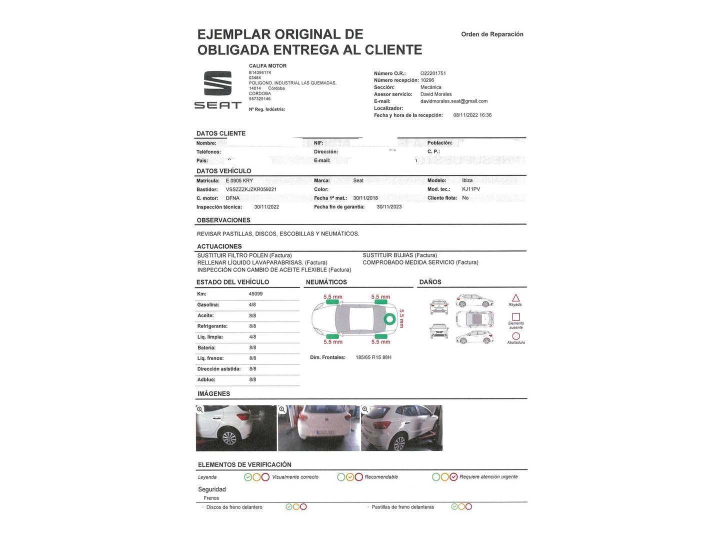 Foto del mantenimiento del Seat Ibiza Seat Ibiza 1.0 MPI Reference Plus (80 CV)