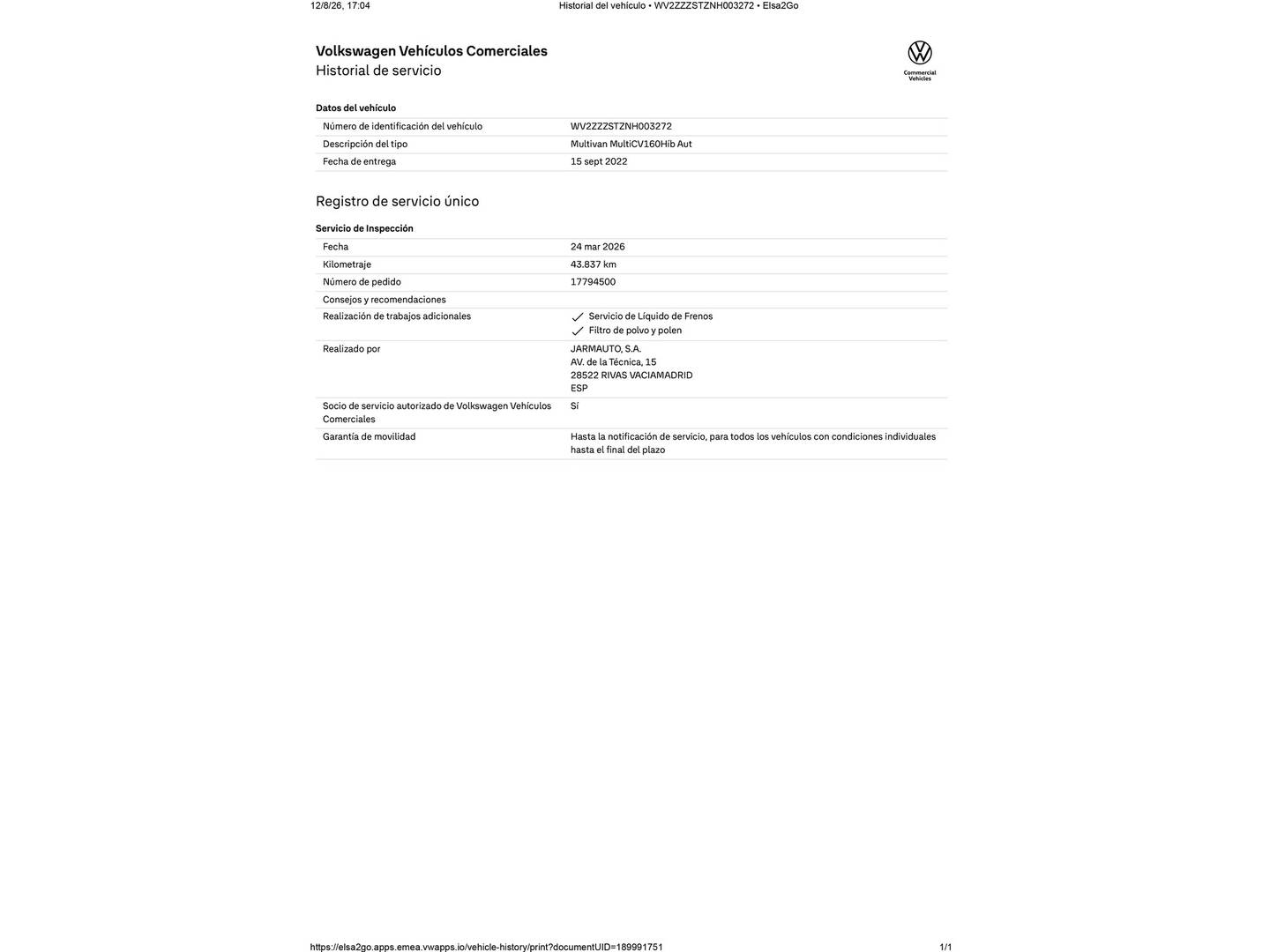 Foto del mantenimiento del Volkswagen Multivan Volkswagen Multivan 1.4 TSI PHEV Batalla Corta (218 CV) DSG 7 Plazas