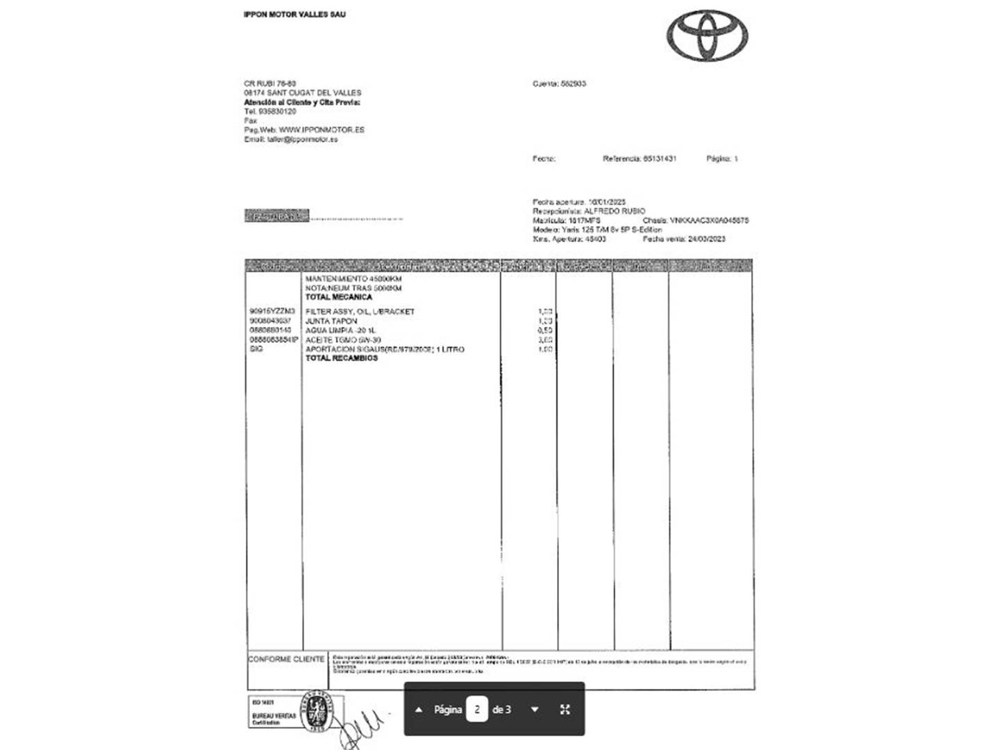 Foto del mantenimiento del Toyota Yaris Toyota Yaris 1.5 S-Edition (125 CV)